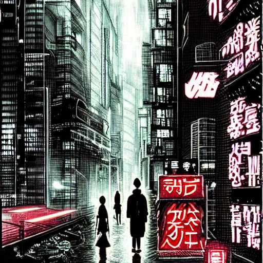 Image similar to a cyberpunk art tokyo night street, rain and fog by chris myers and junji ito