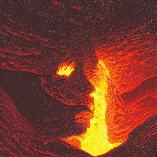 Prompt: head of kirby emerges from a lava lake, cave background, high detail, lava reflections, burning, dramatic shot