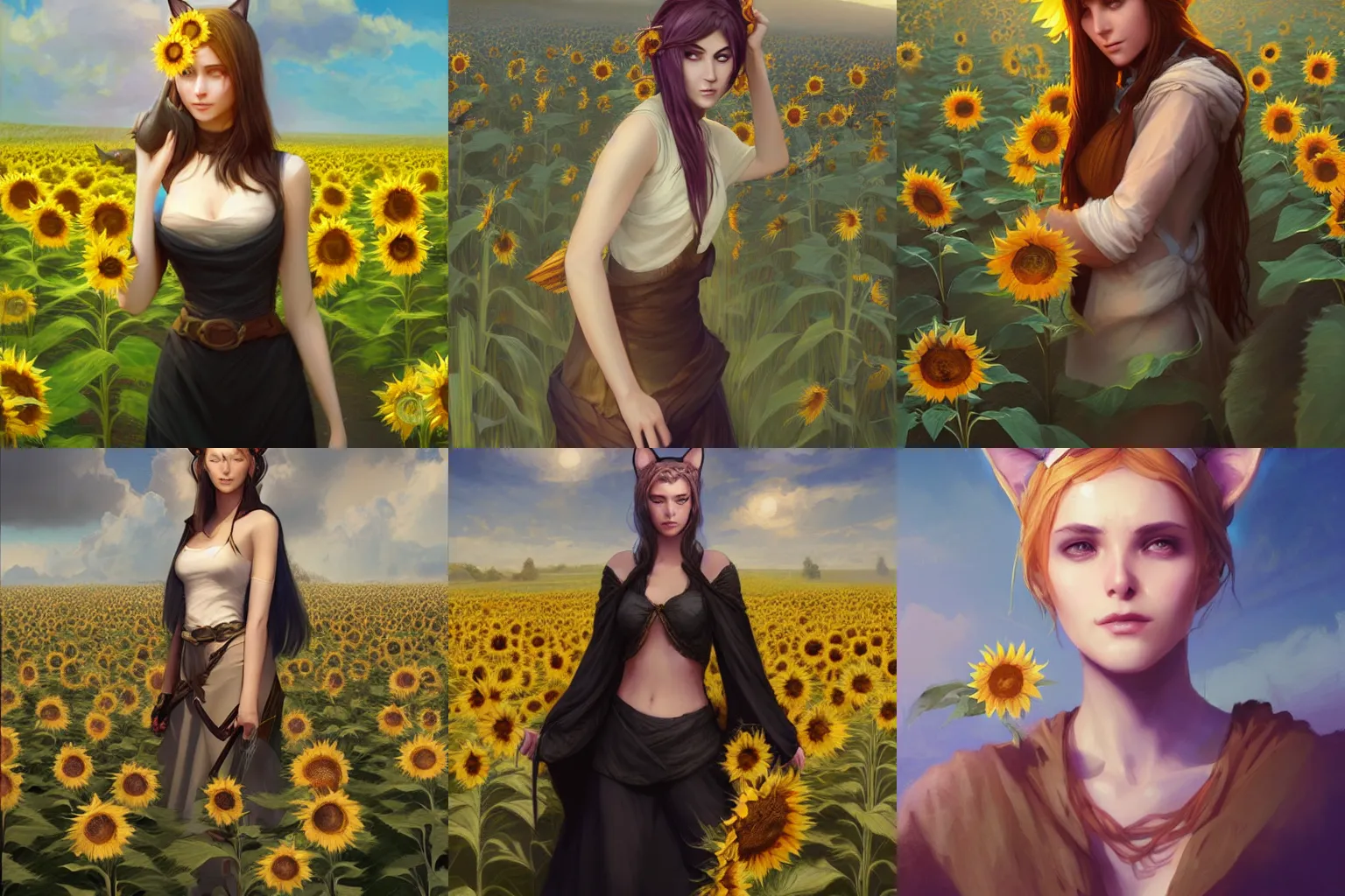 Prompt: female mage with cat ears standing in a sunflower field, official art, by charlie bowater, by jeremy lipking, realistic digital drawing, fantasy art, gorgeous attractive face