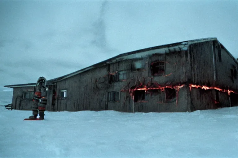 Image similar to scary filmic wide shot angle movie still 35mm film color photograph of a horrific terrifying shape shifting abstract alien organism from The Thing 1982 spewing slimey tendrils outside at mcmurdoch station exterior at night in antarctica on fire with aurora borealis in sky, in the style of a horror film