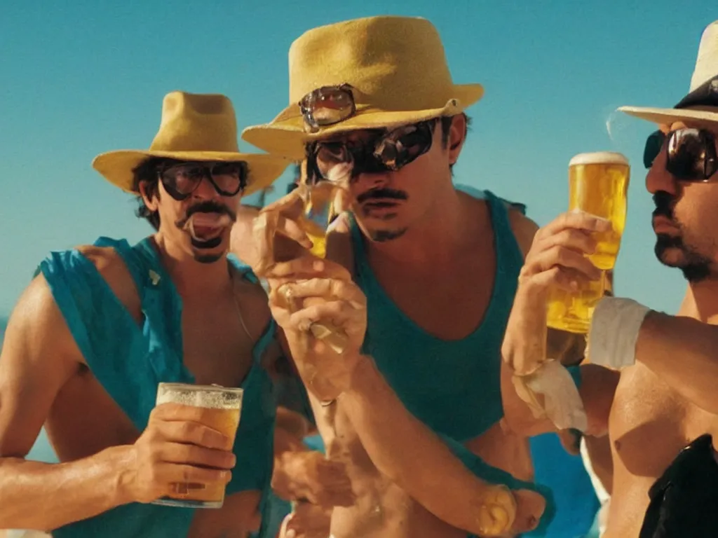 Prompt: Close up of Mario with a beer in a hat in Harmony Korine Spring Breakers film aesthetic!!! photorealistic