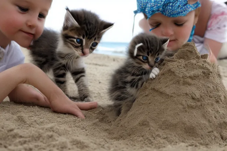 Image similar to kittens touching a sand castle