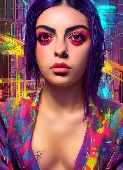 Prompt: beautiful portrait of Lofi cyberpunk Charli XCX, by Tristan Eaton, Stanley Artgerm, Tom Bagshaw, Greg Rutkowski, Carne Griffiths. trending on DeviantArt, face enhance, hyper detailed, trending on Artstation, 8k, masterpiece, graffiti paint, fine detail, full of color, intricate detail, golden ratio illustration