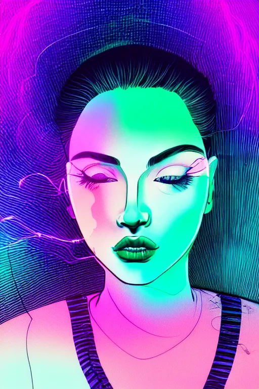 Image similar to a award winning half body portrait of a beautiful woman in a croptop and cargo pants with ombre purple pink teal hairstyle surrounded by whirling illuminated lines, outrun, vaporware, shaded flat illustration, digital art, trending on artstation, highly detailed, fine detail, intricate