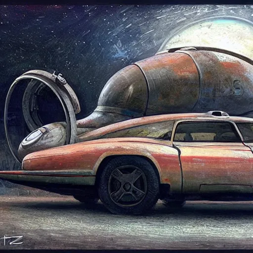 Image similar to vintage old ussr soviet car, iz 2 1 2 5, as a realistic scifi spaceship!!!, round lights, rusty, wide angle shot art by donato giancola and greg rutkowski, vintage retro scifi, realistic space, digital art, trending on artstation, symmetry!!!