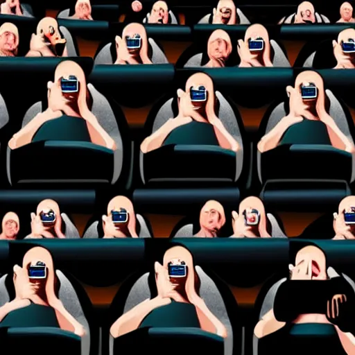 Image similar to people in a busy very dark movie theatre, all of they are wearing vr headsets with art direction by salvador dali, wide lens