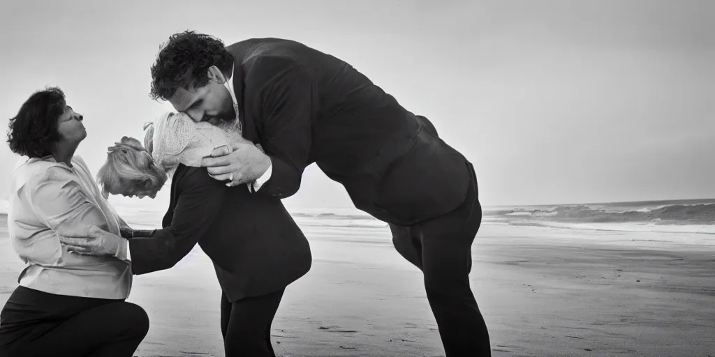 Image similar to strong man in a shirt and a tie sitting on windy cold beach, holds his mother on his arms