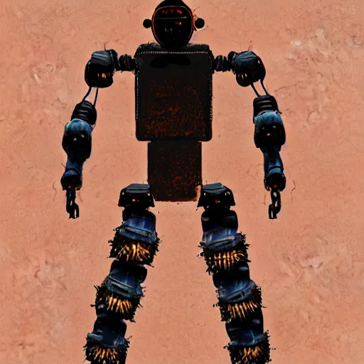 Image similar to spacepunk robot warforged, fullbody concept, robot is covered with long spikes, vast desert, symmetrical