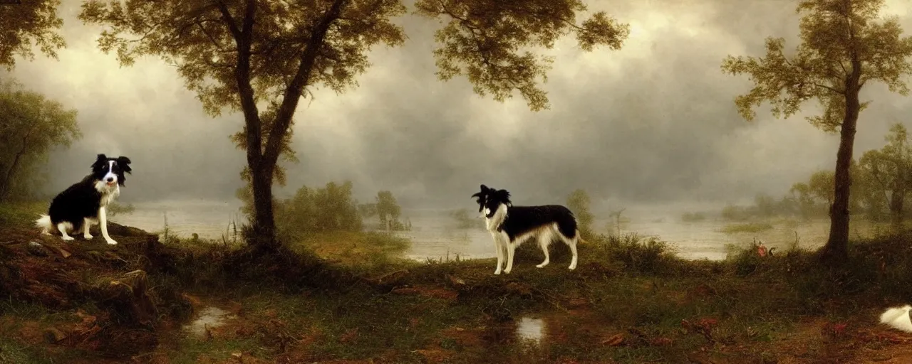 Image similar to a picture of a border collie by the lakeside in the rain, robert cleminson, carl friedrich deiker, albert bierstadt, heavy downpour, dog in the rain