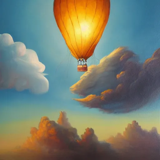 Image similar to oil painting of a hot air balloon bursting through a cloud with a dragon in the background