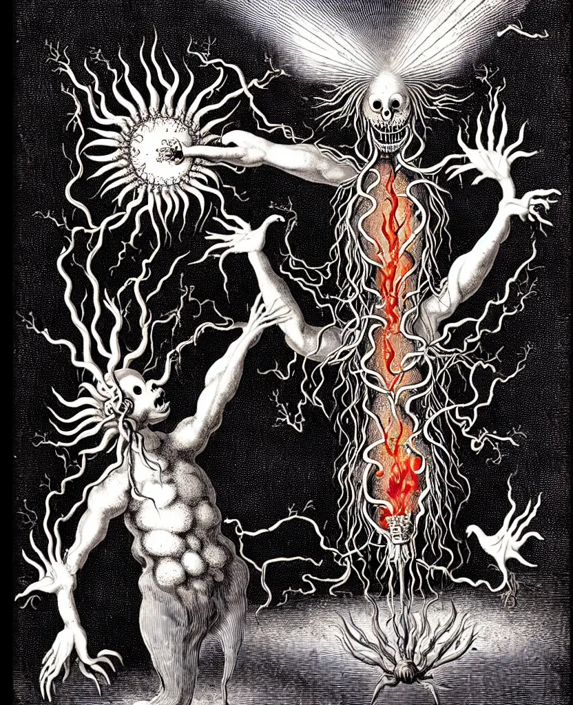 Image similar to fiery freaky creature sings a unique canto about'as above so below'being ignited by the spirit of haeckel and robert fludd, breakthrough is iminent, glory be to the magic within