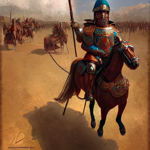 Image similar to byzantine cataphract mounted on horseback, by marc simonetti