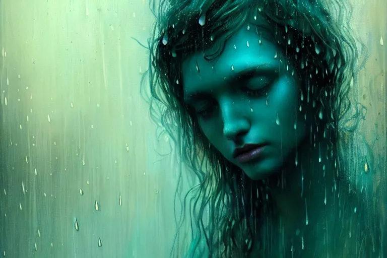 Image similar to girl in rain with wet hair and face, teal, fantasy, intricate, elegant, dramatic lighting, emotionally evoking symbolic metaphor, highly detailed, lifelike, photorealistic, digital painting, artstation, concept art, smooth, sharp focus, illustration, art by John Collier and Albert Aublet and Krenz Cushart and Artem Demura and Alphonse Mucha