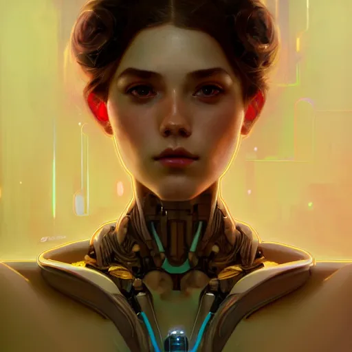 Image similar to portrait of beautiful girl with robot body by artgerm and greg rutkowski and alphonse mucha, close up, portrait, cinematic, elegant, artstation, intricate, highly detailed, digital painting, artstation, concept art, sharp focus, illustration, cyberpunk, cgsociety, 8 k