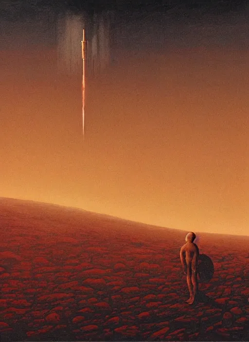 Prompt: A painting in a style of Beksinski of Mars. There is Elon Musk and a rocket. Very detailed, symmetry