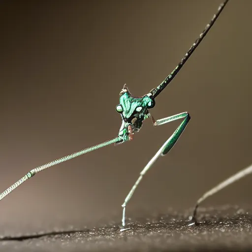 Prompt: Macro photography of a silver robot mantis in the wild, 88m Sigma f/1.4, dramatic lighting