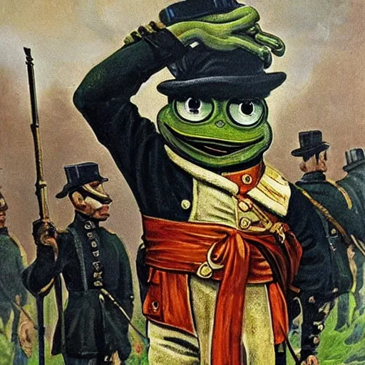 Image similar to pepe the frog saluting prussians soldiers in 1864, expressive oil painting