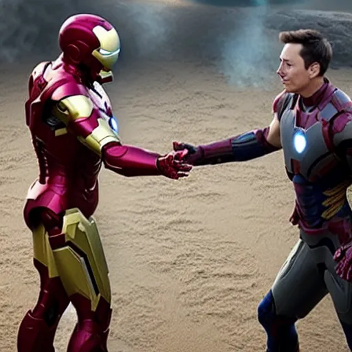 Prompt: a still film of elon musk shaking hands with iron man in new avengers movie, 4k