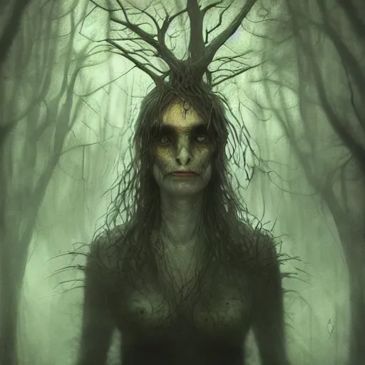 Prompt: a forest witch in the style of Anton Semenov, realistic painting, high definition, digital art, matte painting, very detailed, realistic