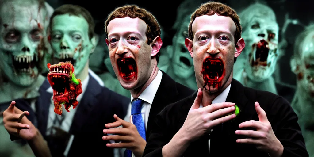 Image similar to zombie prince mark zuckerberg eating the President of United States during the apocalypse cinematic dramatic hdr, high quality, highly detailed
