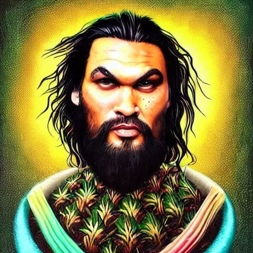 Prompt: jason momoa as a pineapple, lowbrow painting by mark ryden