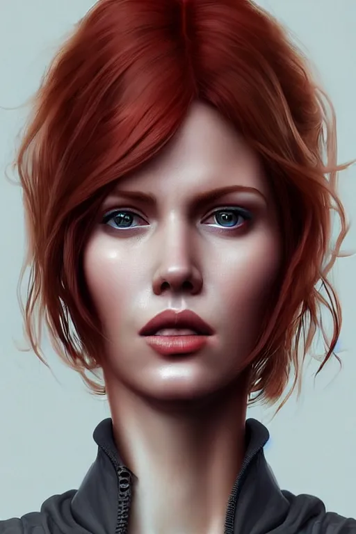 Prompt: epic professional digital portrait art of attractive thin redhead woman wearing airforce jumpsuit, 5 0 mm lens, facing front, by neal adams, artstation, cgsociety, wlop, epic, much wow, much detail, gorgeous, detailed, cinematic, masterpiece