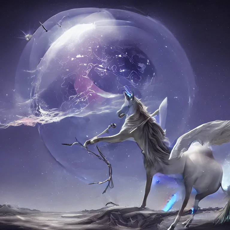 Image similar to Magical glowing sphere in midair, with a unicorn inside it. A white celestial unicorn is trapped inside the sphere. A burnt landscape is in the background. The sphere is held up by sinister rusting steel pincers that reach from the ground, and has a unicorn inside it. Digital art, by Gerald Brom