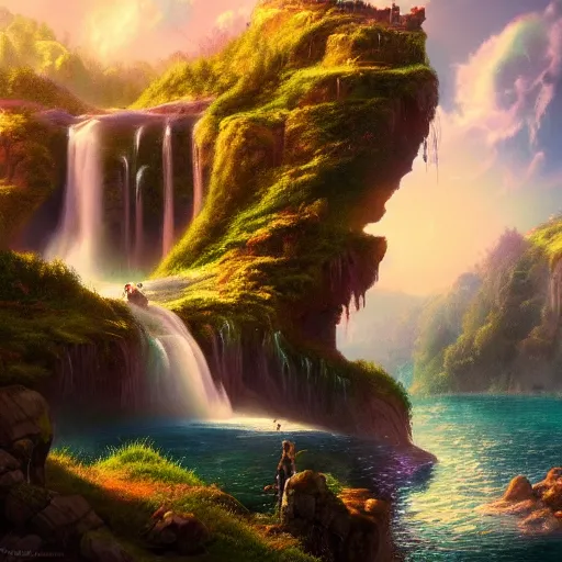 Image similar to landscape with waterfalls and stunning light and cheerful colors, epic composition, cinematic lighting, masterpiece, trending on artstation, very very detailed, masterpiece, stunning