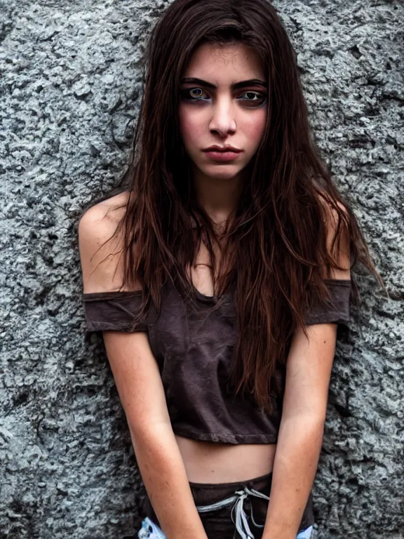 Image similar to hyperdetailed photo of a beautiful italian girl, brown eyes, dark hair, painting on face, skin, winds of winter, with plain ripped crop t - shirt, fine - face, pretty face