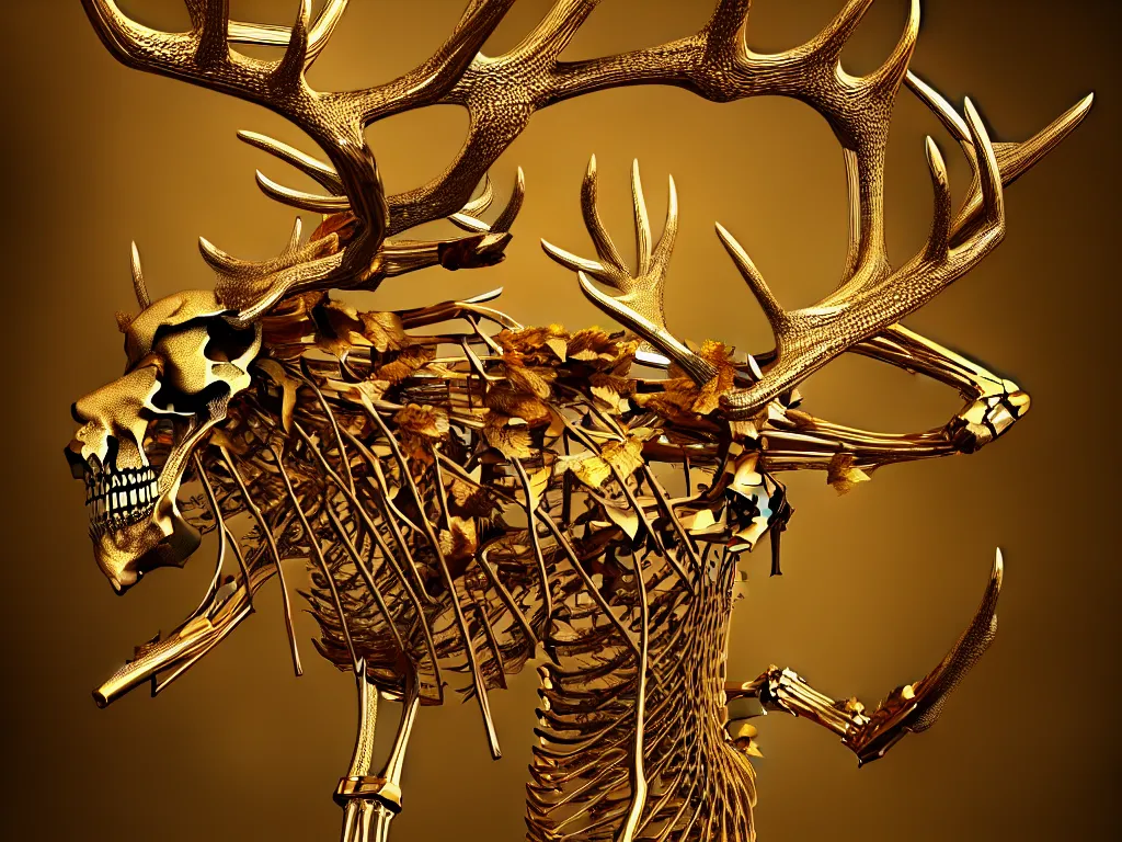 Prompt: deer skeleton dripping gold + chrome plated roses + gilded paracosm, tree of life in the background, moody, dramatic, transcendent, vibrant color, clean linework, finely detailed, 4 k, trending on artstation, photorealistic, volumetric lighting, octane render