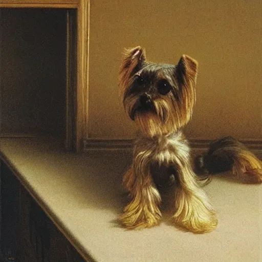 Image similar to Yorkie dog, extremely detailed masterpiece, illustration, by Michael Sowa,