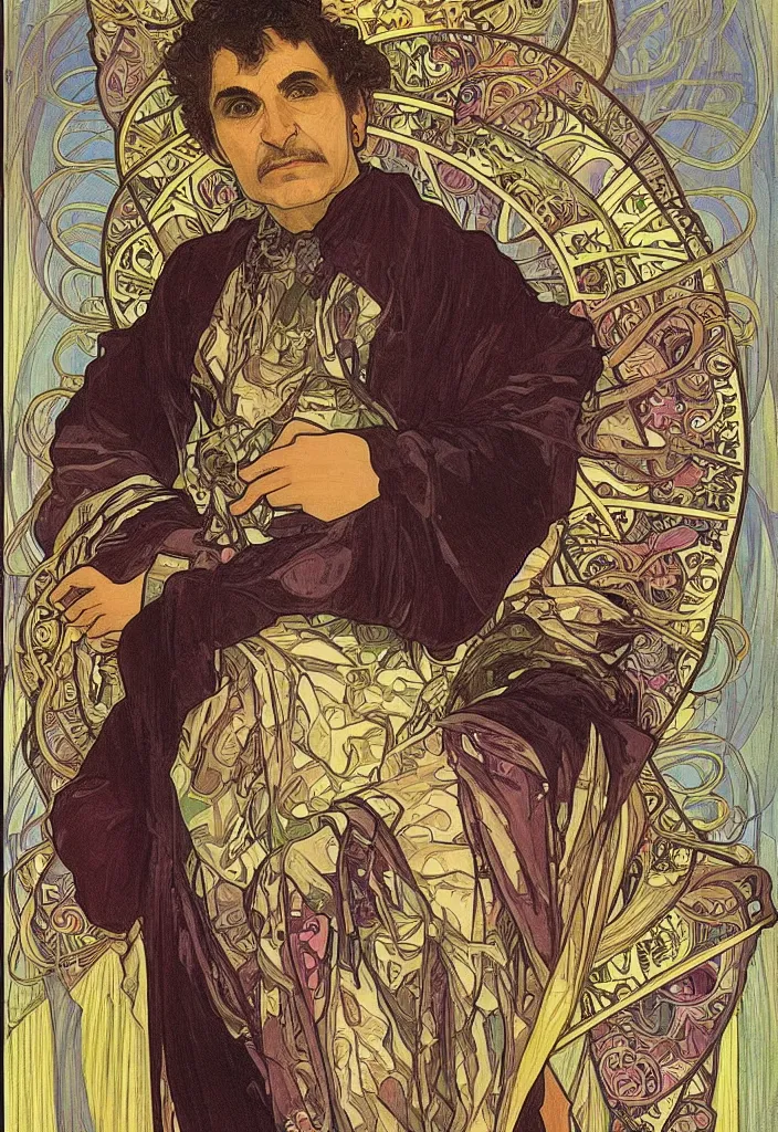 Image similar to Yoshua Bengio as the emperor on a tarot card, tarot in art style by Alphonse Mucha