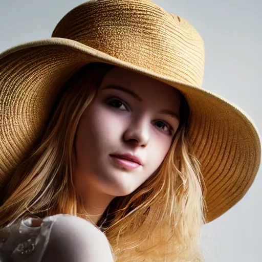 Prompt: portrait of 2 0 - year - old woman with angle lost profile looking away, small smile, cinematic colors, medium yellow blond hair, brown hat, hair comes out of the hat a little