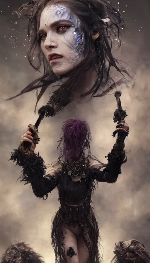 Image similar to epic masterpiece portrait of a dark sorceress with a magic wand, on the battlefield, tribe makeup and jewelry, sweaty skin, hyperrealistic, octane render, cinematic, followed by heads with many faces, beautiful face and flawless skin, perfect hands, emeralds by Edgar Maxence and Ross Tran and Michael Whelan, Legends of Runeterra