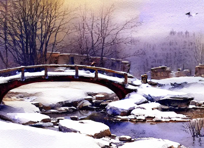 Prompt: watercolor of vintage tractor on rustic stone bridge in winter landscape, glistering, high detailed art by dennis miller bunker, work by anders zorn, wonderful masterpiece by greg rutkowski, beautiful cinematic light, american romanticism by greg manchess, creation by tyler edlin