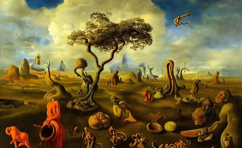 Prompt: very detailed colorful strange disturbing dutch golden age surrealistic landscape with very small humanoid strange figures in the distance with large looming biomorphic figures looming inthe foreground, cast shadows, chiaroscuro, painted by dali and rachel ruysch, timeless disturbing masterpiece perfect composition