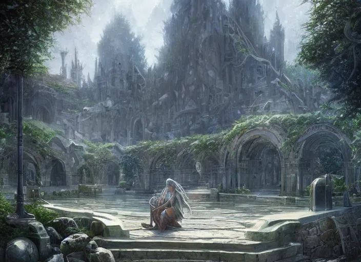 Image similar to Blacksmith inside a beautiful elven city made of white marble, anime, lush trees, fountain, a fantasy digital painting by Greg Rutkowski and James Gurney, trending on Artstation, highly detailed