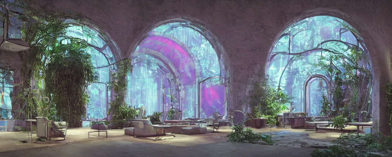 Prompt: Futuristic Roman room arched windows with view of a forest outside::1, bright neon lights, hanging plants, comfortable modern furniture, cinematic, octane render, dreamlike, psychedelic, otherworldly, weird, vaporwave, interesting details, volumetric lighting, dramatic, fantasy, by Moebius, by zdzisław beksiński, Fantasy LUT, epic composition, 8k,