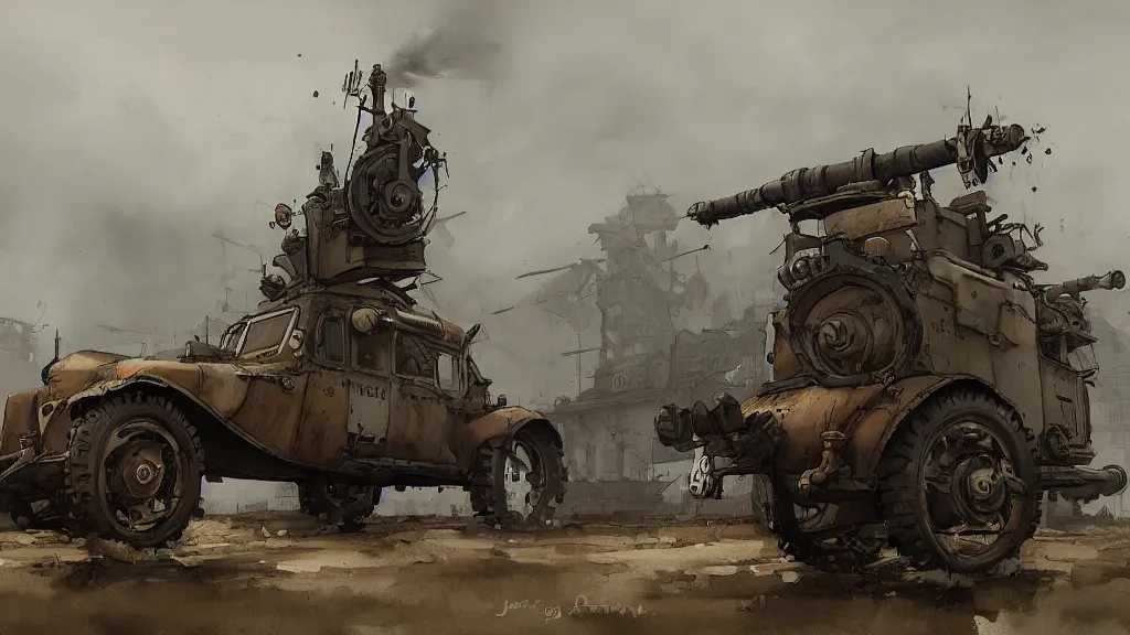 Prompt: overview of dieselpunk vehicle with cannon on top, watercolored, jakub rozalski, dark colours, dieselpunk, artstation