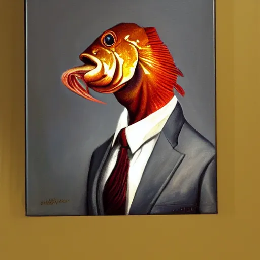 Prompt: a photorealistic oil painting portrait of a carp fish wearing a suit and tie