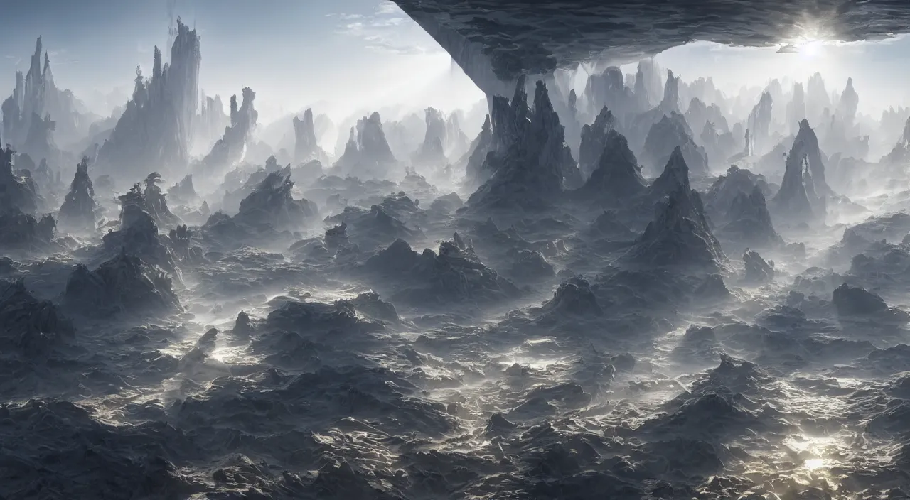 Image similar to a cellular tectonic biological crystallographic bridging megastructure architecture towers, by glenn small, by albert bierstadt, by sparth, photorealistic, zaha hadid, god rays, volumetric lighting, detailed, extremely intricate, raytrace, octane, light fog, keyshot