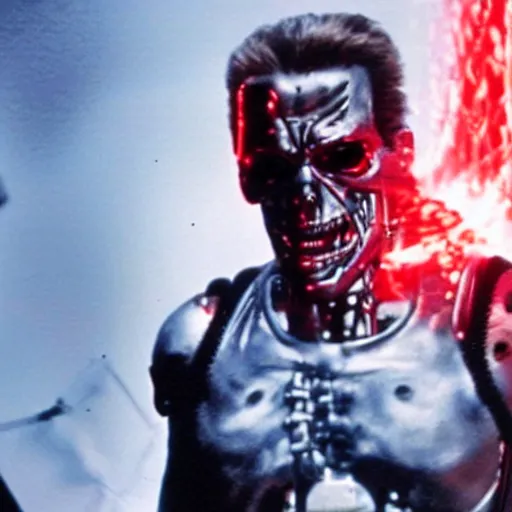 Image similar to film still of the terminator covering his face with a bandana, red glowing eyes, grainy