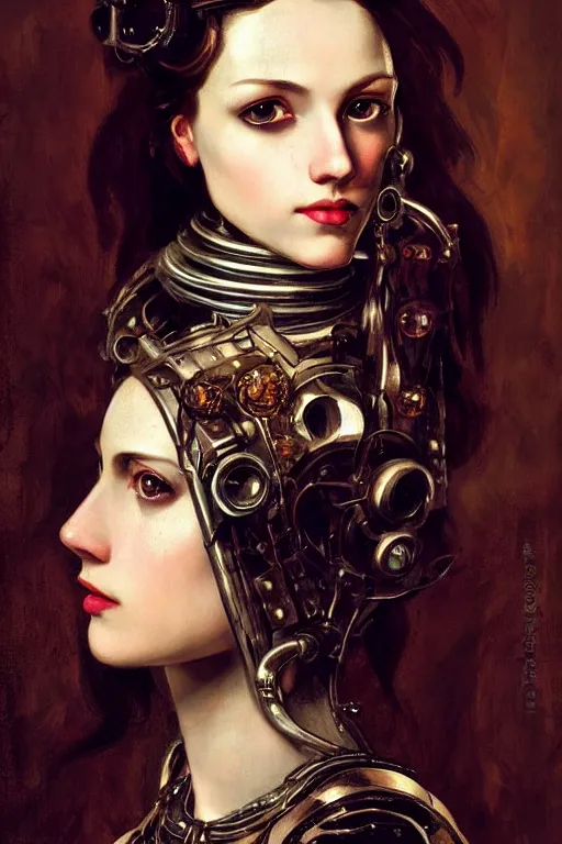 Prompt: portrait, headshot, digital painting, of a 17th century, beautiful clockwork cyborg girl merchant, dark hair, amber jewels, baroque, ornate clothing, scifi, futuristic, realistic, hyperdetailed, underexposed, chiaroscuro, concept art, art by waterhouse and caravaggio