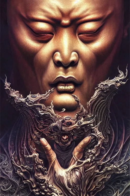 Prompt: a hyperrealistic acrylic portrait painting of morpheus by artgerm, beksinski and thomas kinkade. intricate details. believable eyes. tattoos on face. epic fantasy art. a full body portrait of chinese buddhist mythology, manga cover titled “ 0 immortal beast from chinese mythology