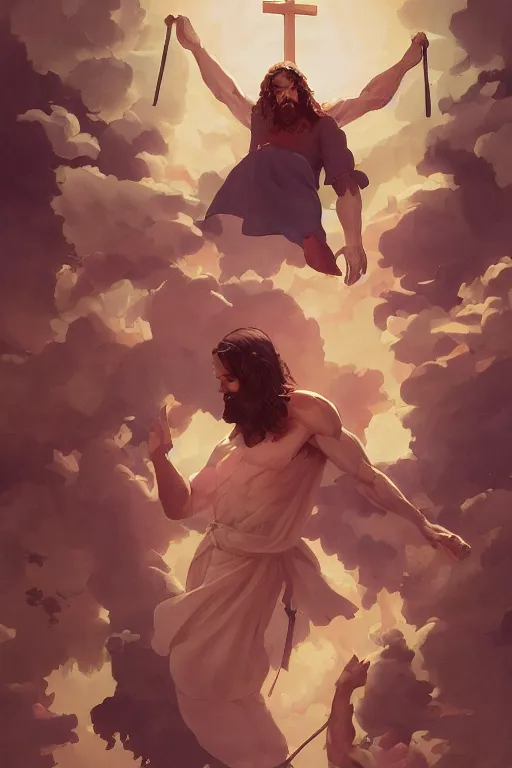 Image similar to jesus on an upside down cross by artgerm, tooth wu, dan mumford, beeple, wlop, rossdraws, james jean, marc simonetti, artstation giuseppe dangelico pino and michael garmash and rob rey and greg manchess and huang guangjian and makoto shinkai