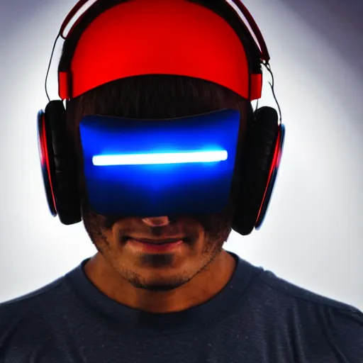 Image similar to a man, in red and blue spotlights, holds on to the headphones on his head, he wears dark visors, cyber songman, cyberpunk style portrait