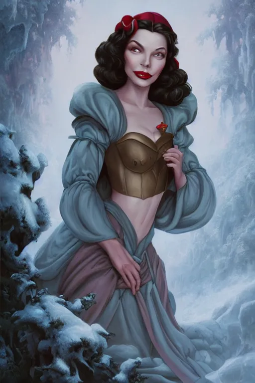 Prompt: beautiful hq matte painting portrait of lauren bacall as snow white, by peter mohrbacher greg rutowski