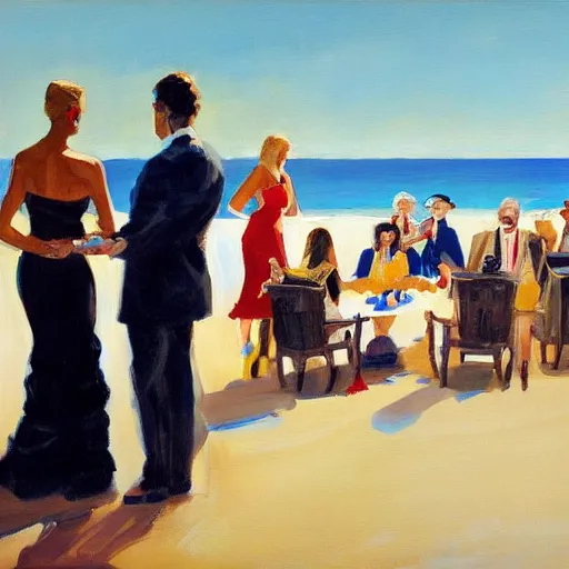 Prompt: painting of wealthy people at party overlooking beach, by eric fischl, fine art