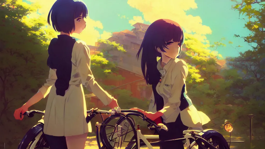 Image similar to anime noon scene, high detail concept art, perfect proportions fine face, girl with vintage bike, avant designer uniform, vivid colors, realistic shaded lighting poster fantasy art ilya kuvshinov, sakimi, jeremy lipking and michael germash, makoto shinkai, loish and clamp style, best selling artist