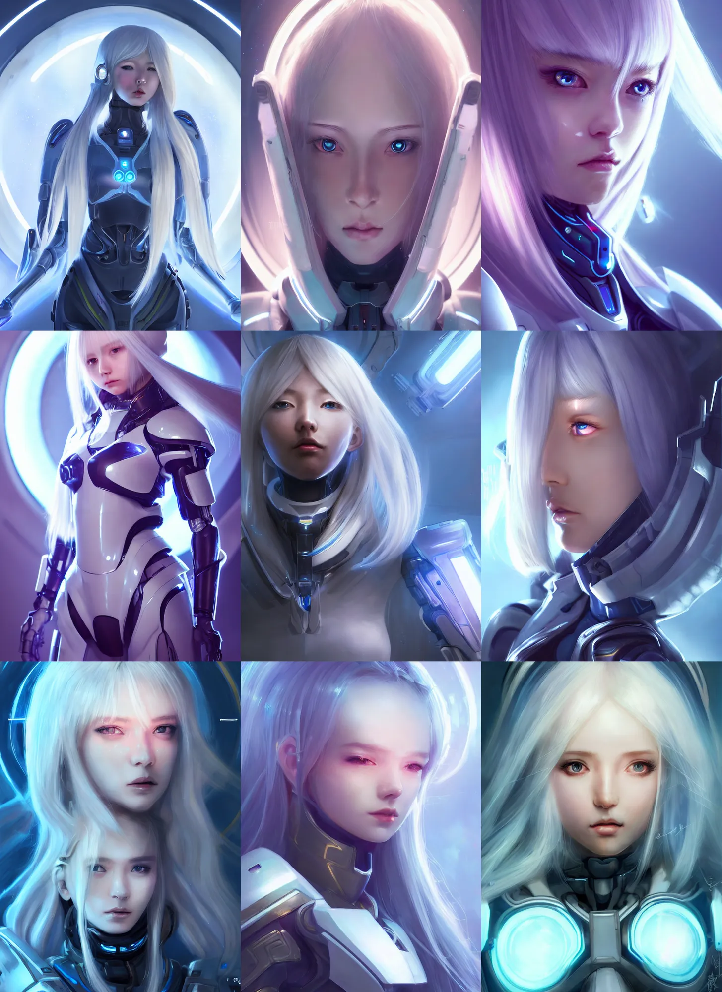 Image similar to perfect android girl, glowing warframe armor, beautiful face, scifi, futuristic, space station, laboratory, kwak ji young, dreamy, long white hair, blue cyborg eyes, cinematic lighting, innocent, highly detailed, focused, artstation, divine, by gauthier leblanc, kazuya takahashi, huifeng huang, jama jurabaev